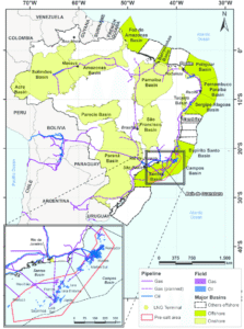 Mapa das bacias onshore e offshore brasileiras, destacando Campos e Santos, reservas de petróleo no Brasil 2025
