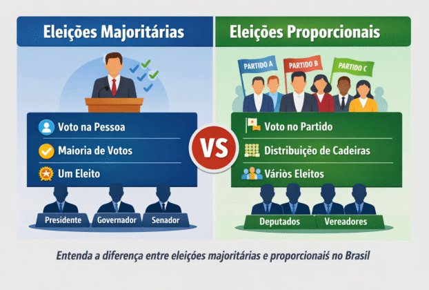 Entenda a diferença entre eleições majoritárias e proporcionais no Brasil, mostrando voto na pessoa e voto no partido