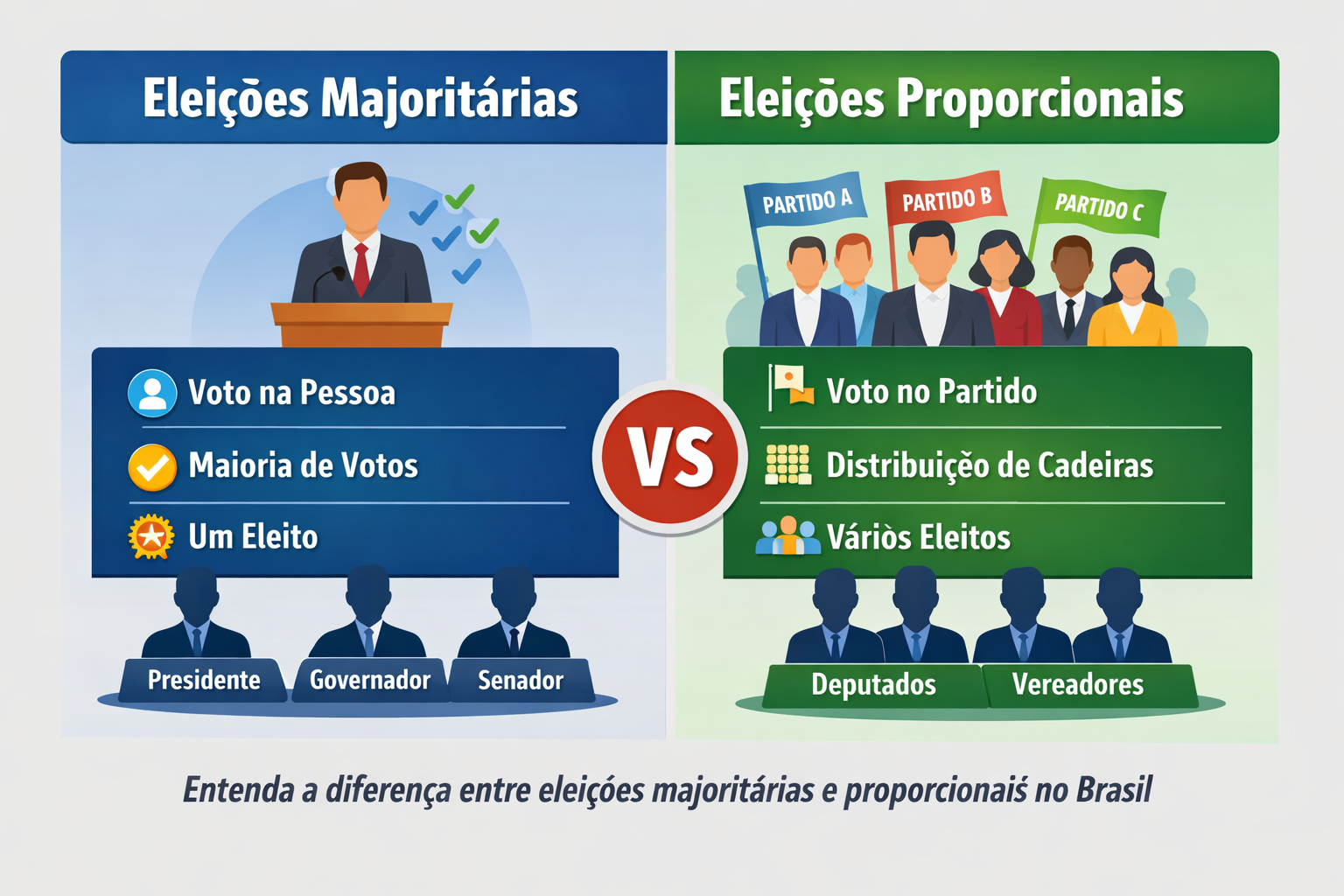 Entenda a diferença entre eleições majoritárias e proporcionais no Brasil, mostrando voto na pessoa e voto no partido